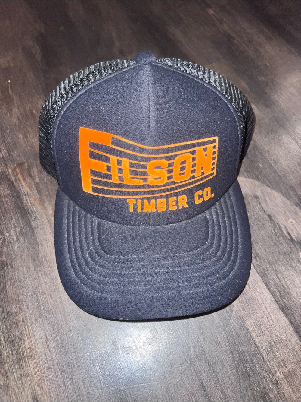 Filson Navy Trucker Cap with Orange Logo